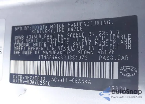 2009 Toyota Camry Le from USA, damaged, VIN 4T1BE46K69U354973